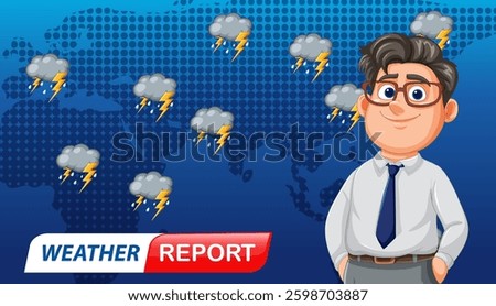 Vector illustration of a weather reporter with a global map background, featuring storm clouds and lightning icons