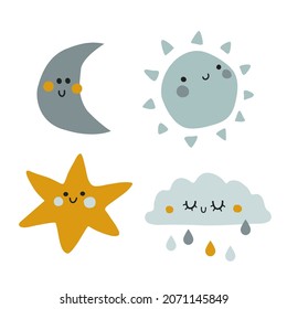 Vector illustration of weather set in scandinavian kids style for prints,icons