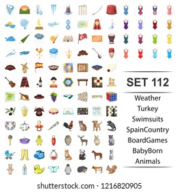 Vector illustration of weather, tyrkey, swimsuit, spain, country, board game baby born animal icon set.