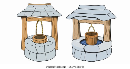 A vector illustration of a weathered gray stone well, perfect for village scenes, fairytale settings, and fantasy storytelling.