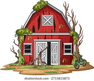 Ilustração vetorial do celeiro vermelho, árvores sobrepujadas, musgo e bicicleta quebrada, fundo isolado
