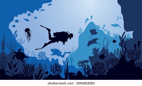 Vector illustration for web background. Sea under water wildlife background. Scuba diving