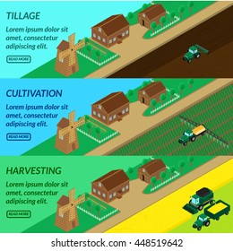 vector illustration. Web banner agriculture, field cultivation - tractor plow, irrigate insecticide planting, combine harvesting. House, mill, barn. Isometric, 3D