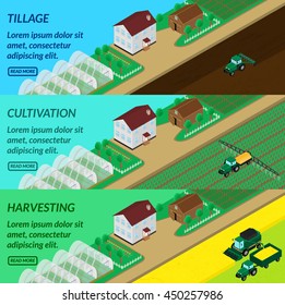 vector illustration. Web banner agriculture - plowing fields, spraying, harvesting. Tractor, combine. House, barn, greenhouses. Isometric, 3D