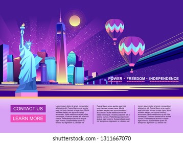 vector illustration web banner american night city illuminated with neon lights in the zero your text for the landing page and buttons for entering, Site header