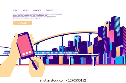 vector illustration web banner concept navigation using a smartphone app, city map search, landing page for your site, hands control the search in the phone