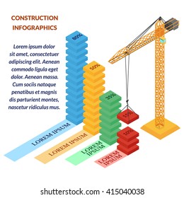 vector illustration. web banner construction infographics . construction crane builds graphic. isometric, 3d