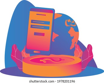 Vector illustration of a web banner or landing page. High speed communication with the world wide web from anywhere in the world via internet cell phones. Earth consists of dots of light from coins.