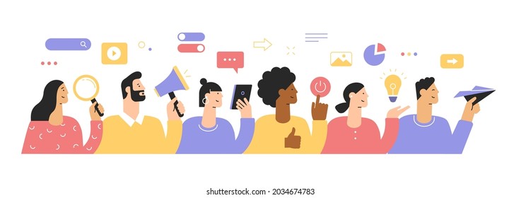 Vector illustration for web banner and mobile app. Cartoon male and female business characters. Teamwork, strategy, analytics, ideas, startup, brainstorming . People with icons. Flat design, isolated