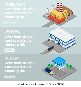 Vector illustration. Web banner production in a factory, warehouse storage and delivery to the store. Isometric, 3D