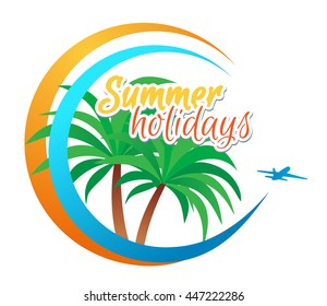 Vector illustration for web banner, Summer holidays. Palm, plane, flight on vacation. Cover template  summertime.