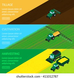 vector illustration. Web banners agriculture farming. tractor tills the field, plowing, sprays insecticide. Harvester gathers the wheat crop. isometric, infographics, 3D