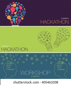 Vector illustration for web banners and promotional materials. Website headers banners.   Light bulb with icons in flat style for UX tool, program, slide. Vector illustration for web banners and ideas