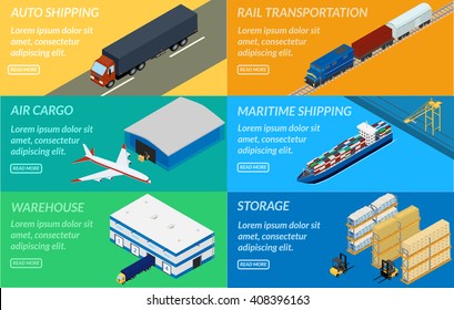 vector illustration. web banners set of logistics chain. Delivery by truck, airplane, ship, freight train. Warehouse, forklift. isometric, infographic