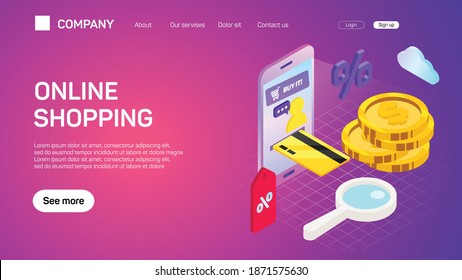 Vektorgrafik. Webgeschäft. E-Commerce und Geldverdienen. Internet-Banking. Flacher Header. Internet-Shopping. Webspeicher. Globale Kommunikation und Handel.