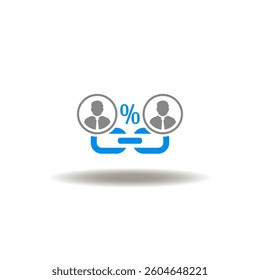 Vector illustration of web chain link and two person with percent. Symbol of affiliate program. Icon of refer a friend marketing service.