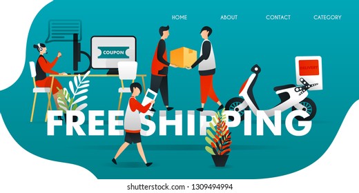 vector illustration for web concept. courier who deliver package to customer for free. buyer get coupon from customer service for "FREE SHIPPING". industrial revolution 4.0, flat character style