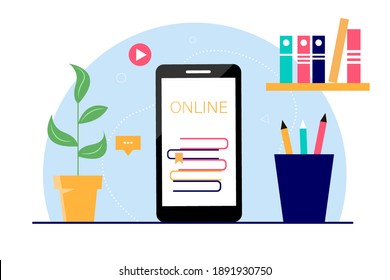 Vector illustration for web design, banners, marketing, printed materials. Phone screen with books, pencil holder, bookshelf and plant.