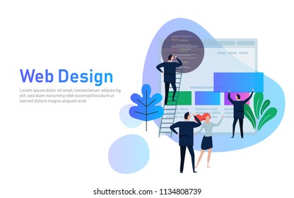 Vector illustration. Web design creative teamwork. People are building a business project on the Internet. The monitor screen is a building site. Collective performance of tasks. Vector