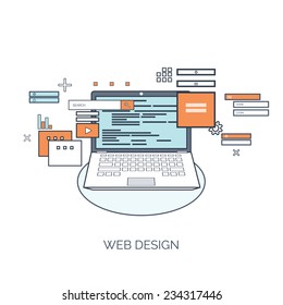Vector illustration. Web design. Flat computing background. Programming and coding. Web development and search. Search engine optimization. Innovation and technologies. Mobile app.