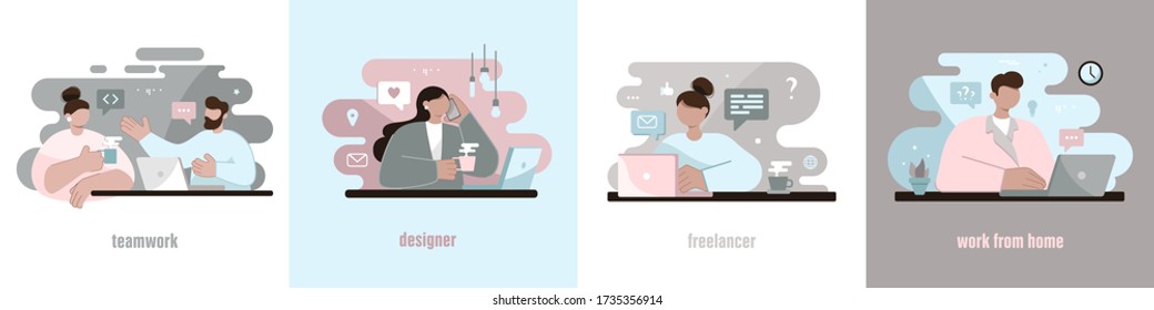 Vector illustration for web design. Freelancer is sitting at the computer. Works from home. Work in the office. Designer, programmer, writer, illustrator. Stylized cartoon characters.