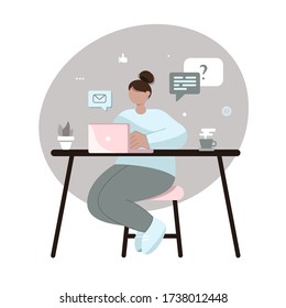 Vector illustration for web design. Freelancer is sitting at the computer. Works from home. Work in the office. Designer, programmer, writer, illustrator. Stylized cartoon characters.