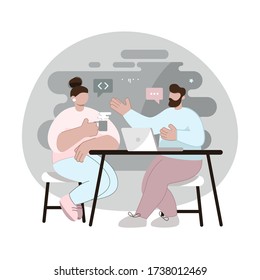 Vector illustration for web design. Freelancer is sitting at the computer. Works from home. Work in the office. Designer, programmer, writer, illustrator. Stylized cartoon characters.