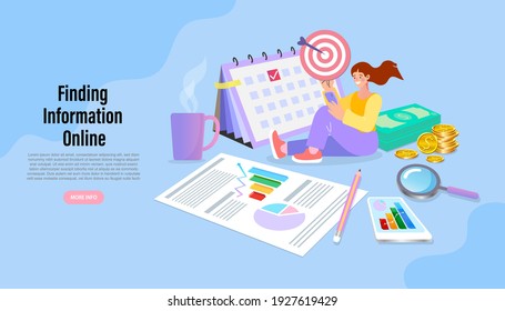 Vector illustration for web design, marketing and print material. find the right education. woman Finding information online.