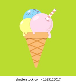 Vector illustration for web design or print. Delicious colorful ice cream in waffle cone isolated on green background. 