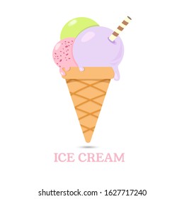 Vector illustration for web design or print. Delicious colorful ice cream in waffle cone isolated on white background.