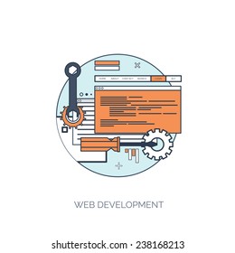 Vector illustration. Web development. Flat computing background. Programming and coding. Web development and search. Search engine optimization. Innovation and technologies. Mobile app.