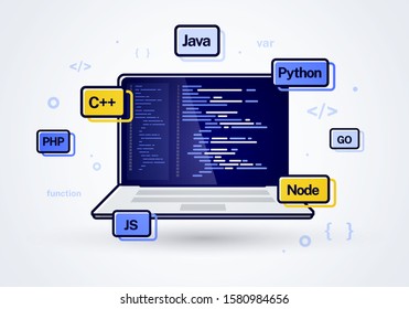 Vector Illustration Web Development Programming Coding Icon. Laptop With Program Code On The Screen.