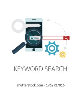 Vector illustration of web development and website design with "keyword search" programming technology concept.