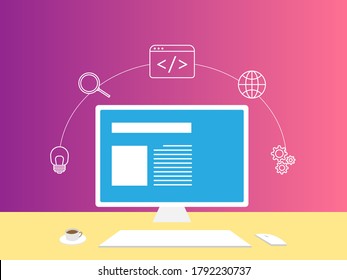 vector illustration of web development working with a computer, research, idea, coding, fix connection.