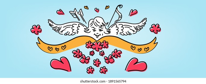 Vector Illustration, web Facebook cover of Angel, flowers for Valentine's Day, wedding, engagement, marriage, birthday. Template for Banner, site, web page, postcard