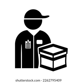 Vector illustration, web icon of a person with courier delivery. Package, box. Flat design. Isolated on a white background.