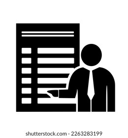 Vector illustration, web icon of a person and a blackboard. Business coach. Seminar and study. Isolated on a white background.