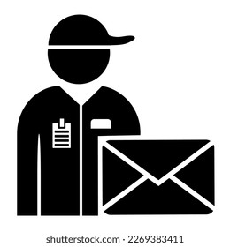 Vector illustration, web icon of a person with courier delivery. Mail, letter. Packaging, box. Flat design. Isolated on a white background.