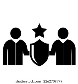 Vector illustration, web icon. Protection and security. Shield and people. Isolated on a white background.