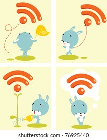 Vector illustration â?? web icon set with RSS symbol and cute rabbit in situation