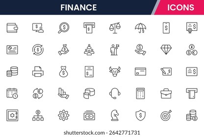 Vector illustration web line icon collection for finance: money, banking, investments, charts, and economic symbols in a sleek, modern style.