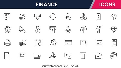 Vector illustration web line icon collection for finance: money, banking, investments, charts, and economic symbols in a sleek, modern style.