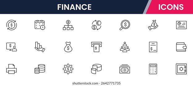 Vector illustration web line icon collection for finance: money, banking, investments, charts, and economic symbols in a sleek, modern style.
