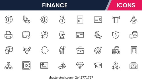 Vector illustration web line icon collection for finance: money, banking, investments, charts, and economic symbols in a sleek, modern style.
