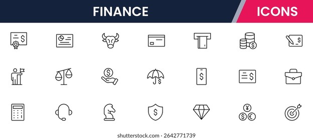 Vector illustration web line icon collection for finance: money, banking, investments, charts, and economic symbols in a sleek, modern style.