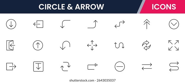 colección de iconos de línea de Web de Ilustración vectorial para símbolos direccionales dinámicos de círculo y flecha, diagramas de flujo y Elementos de navegación en un estilo elegante, moderno y minimalista.