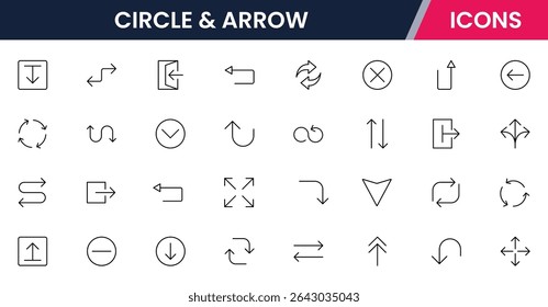 Vector illustration web line icon collection for circle and arrow dynamic directional symbols, flowcharts, and navigation elements in a sleek, modern, minimalist style.