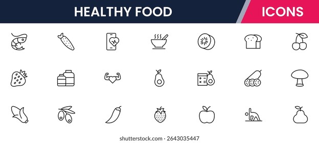 Vector illustration web line icon collection for healthy food: fruits, vegetables, grains, and nutritious meals in a vibrant, modern style.