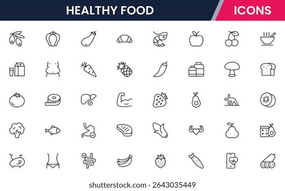 Ilustração vetorial coleção de ícones de linha da Web para alimentos saudáveis: frutas, legumes, grãos e refeições nutritivas em um estilo vibrante e moderno.