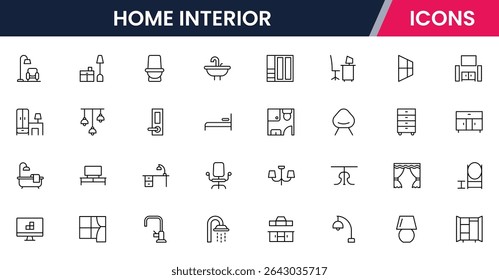 Vector illustration web line icon collection for home interior: furniture, decor, lighting, and cozy living spaces in a modern style.
